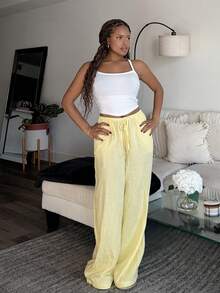 Tyla Gomez 女士亚麻低腰直筒休闲裤，适合休闲度假 - 黃色 - 查看 3