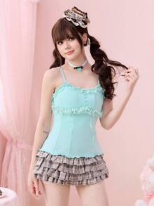 ROMWE Kawaii Mint Girl Lace Patchwork Fitted Casual Versatile Camisole - Mint Green - View 5