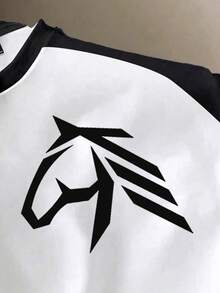 Manfinity Joysei 男士黑白撞色插肩袖马头图案印花T恤 - 黑與白 - 查看 2