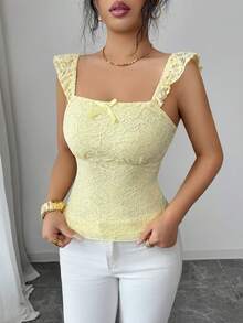 SHEIN Elenzya Elegant Sleeveless Women's Top. Soft Lace Fabric In Light Yellow, Ruffle Hem Flattering Slim Fit Design, Suitable For Daily Outings, Commuting, Dates, Parties, And Various Occasions - Yellow - View 6
