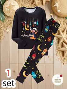 SHEIN Tween Boy Casual Cartoon Star & Moon Print Snug Fit Long Sleeve Crew Neck Pajama Set, Suitable For Autumn/Winter - Black - View 6