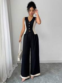 Elenzga Bộ đồ 2 mảnh thanh lịch dành cho nữ: Áo crop top không tay cổ chữ V phối màu tương phản và quần ống đứng, thích hợp cho mùa xuân/hè. - màu đen - Xem 4
