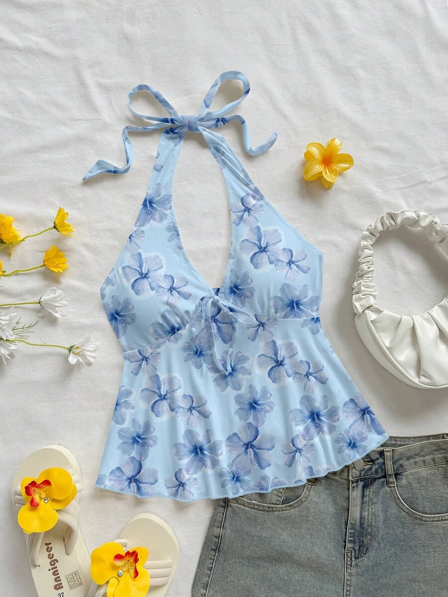 Soleia Áo ngủ nữ kiểu babydoll cổ chữ V buộc nơ, hở lưng, thích hợp cho kỳ nghỉ hè. - Màu xanh lam - Xem 1