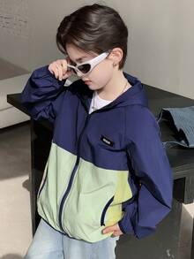 DAZY Tween Boy Letter Graphic Contrast Color Zipper Front Casual Hoodie Jacket - Navy Blue - View 4