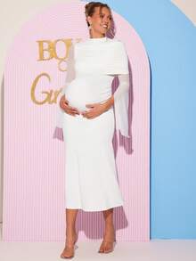 Loomaby Maternity Solid Color Ruched Split Long Sleeve Elegant Dress,Gender Reveal Baby Shower Spring Outfit Women , Break Outfits - White - View 6