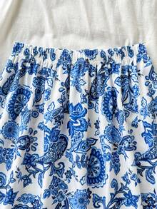 SHEIN ChillGRL 少女休闲宽松度假风印花荷叶边半身裙，适合日常通勤、休闲、度假、海滩、派对等场合。 - 藍色 - 查看 3