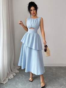 Elenzga New Women Sleeveless Woven Textured Hollow Design Waist A-Line Double Layer Elegant Midi Dress, Versatile - Blue - View 7