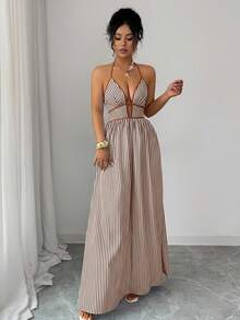 Elenzga Women's Striped Print Halter Tie Neck Dress - Coffee Brown - View 3