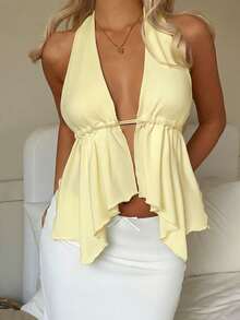 CovetEZ Women's Casual Cream Yellow Backless Asymmetrical Hem Fitted Halter Neck Camisole, Suitable For Vacation, Summer - Multicolor - View 5