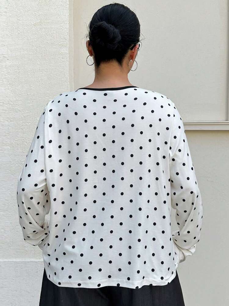 Dazy Plus Plus Size Color Block Polka Dot Crew Neck Fitted Long Sleeve Casual T-Shirt For Girls Oversized