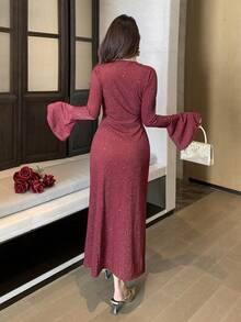 DAZY Romantic Design Oblique Placket Flare Sleeve Fitted Mid-Length Dress For Women, Spring Wedding Guest Dress Maxi Dress Sundress - Burgundy - View 2