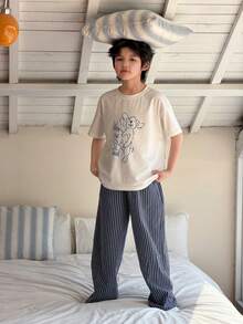 DAZY Tween Boy Drawstring Waist Striped Wide Leg Loose Pajama Pants - Navy Blue - View 3