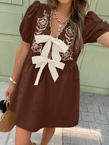 Serisse 女士V领泡泡袖蝴蝶结装饰刺绣宽松迷你连衣裙 - 棕色 - 查看 7