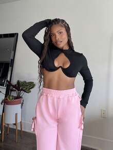 Tyla Gomez Y2K Sexy Streetwear Crop Top With Hollow Heart Design - Black - View 1