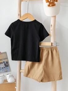 Kleine Jungen Sommer Lässig Alltags Outfit mit Buchstaben-Muster Kurzarm T-Shirt und Cargo Shorts mit Klapptasche - Khaki - Übersicht 5