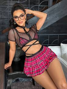 3pcs Fishnet & Plaid Student Sexy Set - Multicolor - View 7