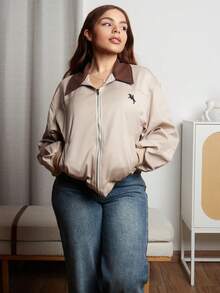 Lupita Cardoza 女士休闲拼色领夹克，春秋 - 卡其色 - 查看 3