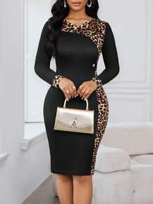 SHEIN Lady 大码豹纹圆领修身优雅长袖连衣裙 - 彩色 - 查看 4