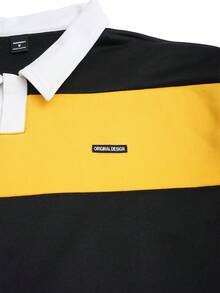 AXEPEAK Kemeja Polo Pria Lengan Pendek Longgar Kasual, Warna Solid dengan Kerah Kontras dan Patchwork, Kemeja Pria Blok Warna Gaya Retro - Kuning - View 7