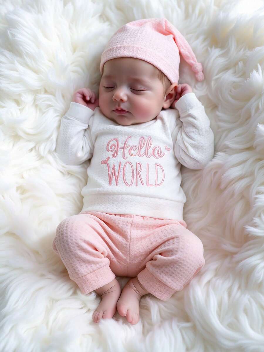 SHEIN HELLO Letter Embroidered Newborn Photography Outfit, Baby Boys/Girls Top, Pants, Hat 3pcs Set, Infant 1 Month 100 Days Studio Photo Shoot Clothing - Multicolor - View 1