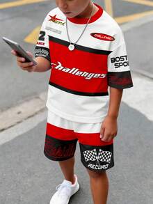 两件套青少年男童休闲舒适时尚简约圆领短袖T恤和短裤套装，经典赛车图案印花，72号数字，赛车方格旗设计，赛车文化文字图案印花，适合运动穿着 - 彩色 - 查看 1