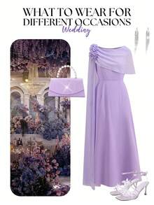 Ellevyn 女士纯色浅紫色收腰不对称花卉装饰优雅雪纺连衣裙，适合秋季、冬季和早春日常穿着。 - 紫色 - 查看 18