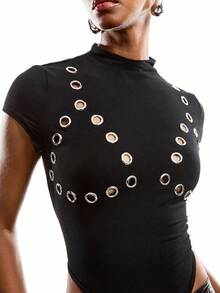 LYSMO 女士夏季休闲时尚街头连帽无袖铆钉细节修身连体衣 - 黑色 - 查看 8