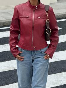 SHEIN EZwear 女士时尚长袖拉链百搭短款外套，秋冬季必备 - 紅色 - 查看 4