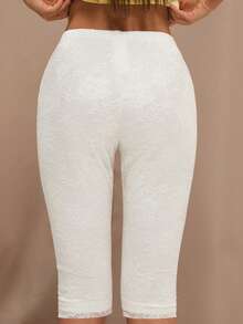 SHEIN BAE Women's Casual Lace Trim Cropped Skinny Pants, Suitable For Vacation, Daily Commute - White - View 2