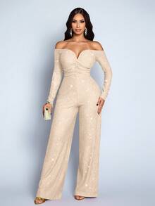 SOLERSUN Women's Fashionable Elegant V-Neck Off Shoulder Long Sleeve Party Night Club Sparkly Fabrics Jumpsuits, Suitable For Christmas Party Valentine's Day Dating - Apricot - View 6