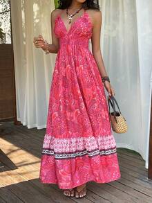 SHEIN SunnyBelle Women's Multicolor Bohemian Print Halter Dress, Casual Beach Holiday Summer Dress, Boho Vacation Style, Romantic Beach Outfit, Spring/Summer - Red - View 4