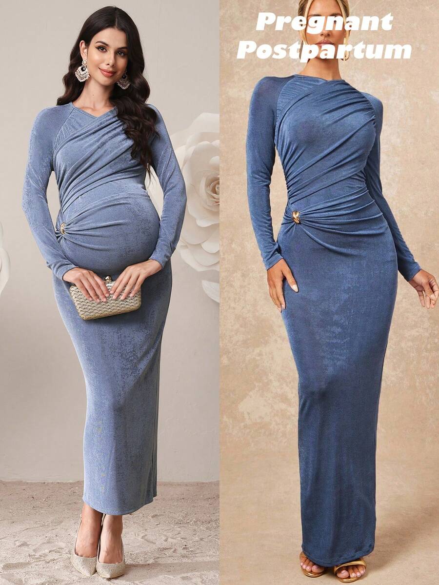 SHEIN 优雅孕妇派对纯色褶皱长袖连衣裙 - 藍色 - 查看 1