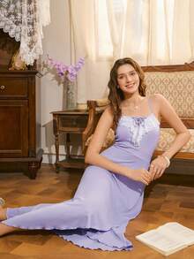 Côtesoire Women White Summer Elegant Sleep Nightgown,French Floral Lace Ruffle V-Neck Spaghetti Strap Criss-Cross Drawstring Slit Ribbed Sleepwear - Purple - View 3