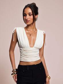 SHEIN BAE Débardeur sexy à col V profond plissé de couleur unie avec cordon de serrage, mode femme - Beige - Voir 1