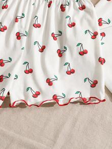 SHEIN 3pcs Tween Girls' Casual Homewear Set, Includes Cherry Print Contrast Trim Camisole, Shorts And Pants, Spring/Summer - Red and White - View 3