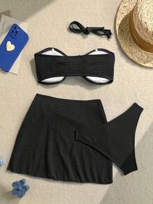 Soleia Bộ bikini quây 3 món màu trơn, chất liệu vải có họa tiết, thích hợp cho kỳ nghỉ và đi biển. - màu đen - Xem 2
