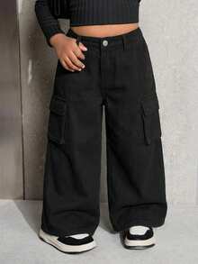 Young Girl' Camouflage & Branch Print Loose Fit Denim Pants - Black - View 5