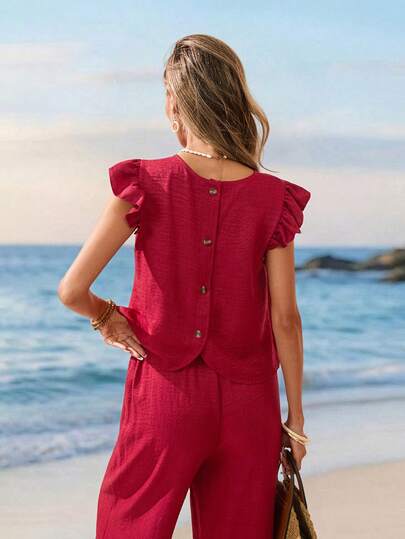 Sylviya 2pcs/Set Women Casual Red Cap Sleeve Button Decor Outfit,Vacation
