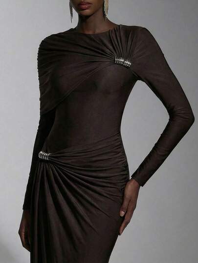 Elitara Elegant, Romantic, Fashionable Chestnut Color Pleated Decor, Metal Buckle Decor, Fishtail Hem, Small Train, Wedding Guest, Festival, Vacation, Birthday Party, Wedding Event, Bridesmaid Dress