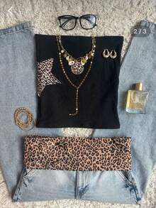 Glimmora Fashionable Y2K Leopard Print & Star Shell Design Women Top - Multicolor - View 3