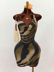 Mistrie 女士性感露背深V领豹纹紧身迷你连衣裙，带网纱罩层，夏季 - 棕色 - 查看 5