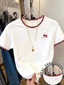 Teen Girls' Casual Everyday Commute Cherry Letter Print Contrast Binding Short Sleeve T-Shirt, Summer - White - View 1