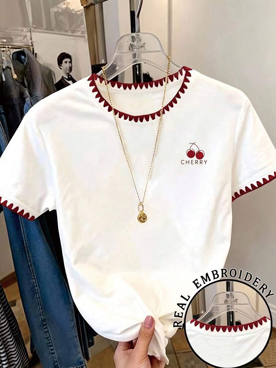 Teen Girls' Casual Everyday Commute Cherry Letter Print Contrast Binding Short Sleeve T-Shirt, Summer - White - View 1
