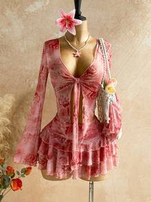 Soleia 女士复古花卉字母印花长袖系带罩衫+迷你裙两件套，休闲装，适合度假、约会、下午茶、海滩、邮轮、城市旅行、音乐节、派对、波西米亚风、嬉皮风、西部风、日常通勤等场合。 - 粉色 - 查看 3