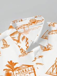 Manfinity RSRT 男士印花纽扣短袖衬衫和斜插口袋短裤套装，春夏度假装，假日装，夏季度假装，两件套，夏季服装，男士夏季服装，男士沙滩装，女士度假装，男士两件套夏季服装，男士沙滩度假装，白色和橙色印花男士衬衫 - 彩色 - 查看 4