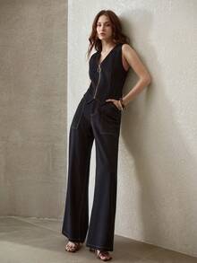 MOTF PREMIUM 撞色缝线拉链牛仔背心 - 深色水洗藍 - 查看 1