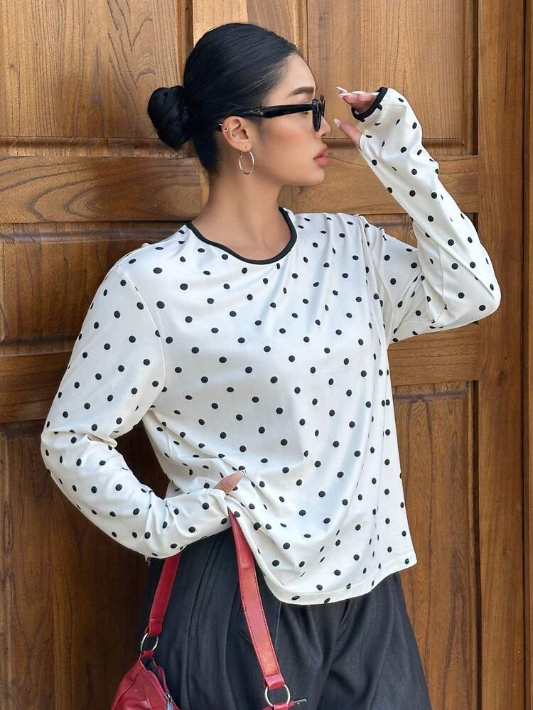 Dazy Plus Plus Size Color Block Polka Dot Crew Neck Fitted Long Sleeve Casual T-Shirt For Girls Oversized