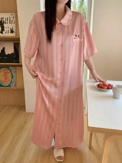 Dazy Plus Plus Size Women Striped Short Sleeve Single-Breasted Casual Nightgown