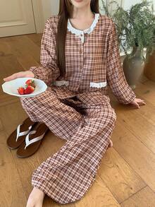 DAZY Bộ đồ ngủ 2 món gồm áo khoác cardigan dài tay và quần dài, phối ren và họa tiết kẻ caro, dành cho nữ, mùa thu. - Màu Khaki - Xem 7