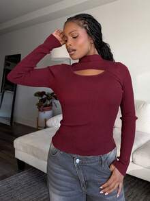 Tyla Gomez Solid Color Hollow Out Half Turtle Neck Sweater,Long Sleeve Tops,Fall Clothes - Burgundy - View 3